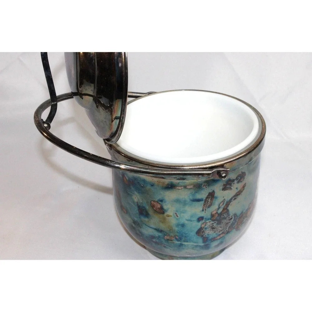 Vintage Antique Silverplated‎ Newport Swing Top Ice Bucket Milk Glass Interior
